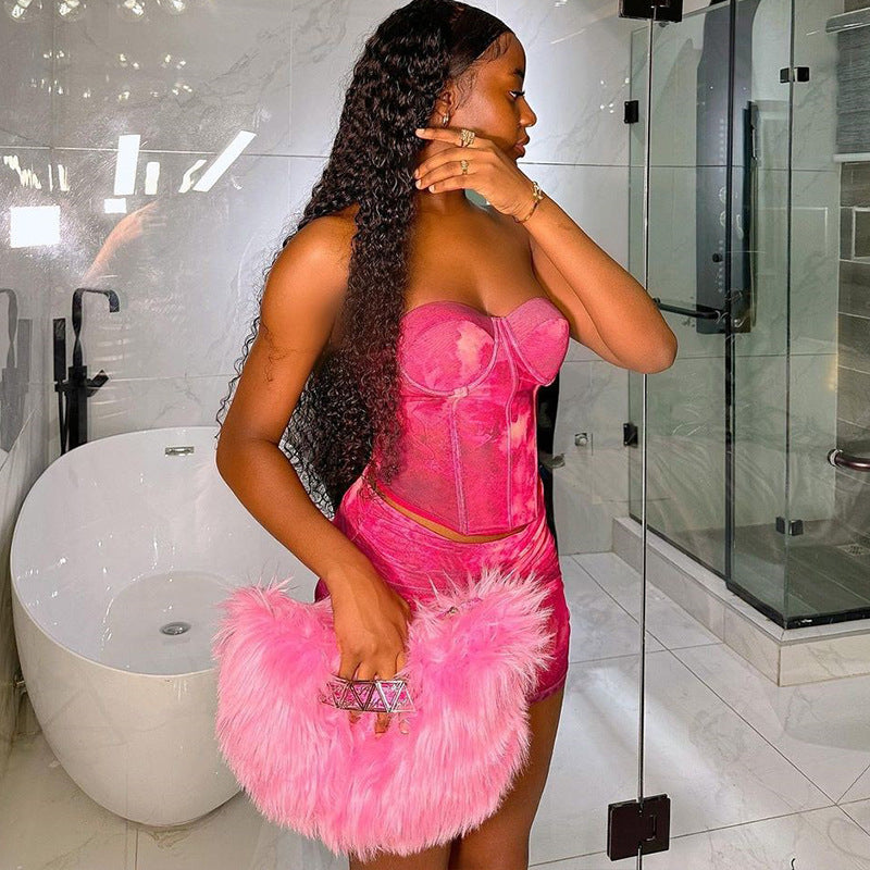 Fashion women's sexy wrapped chest printed small vest dress two-piece suit
