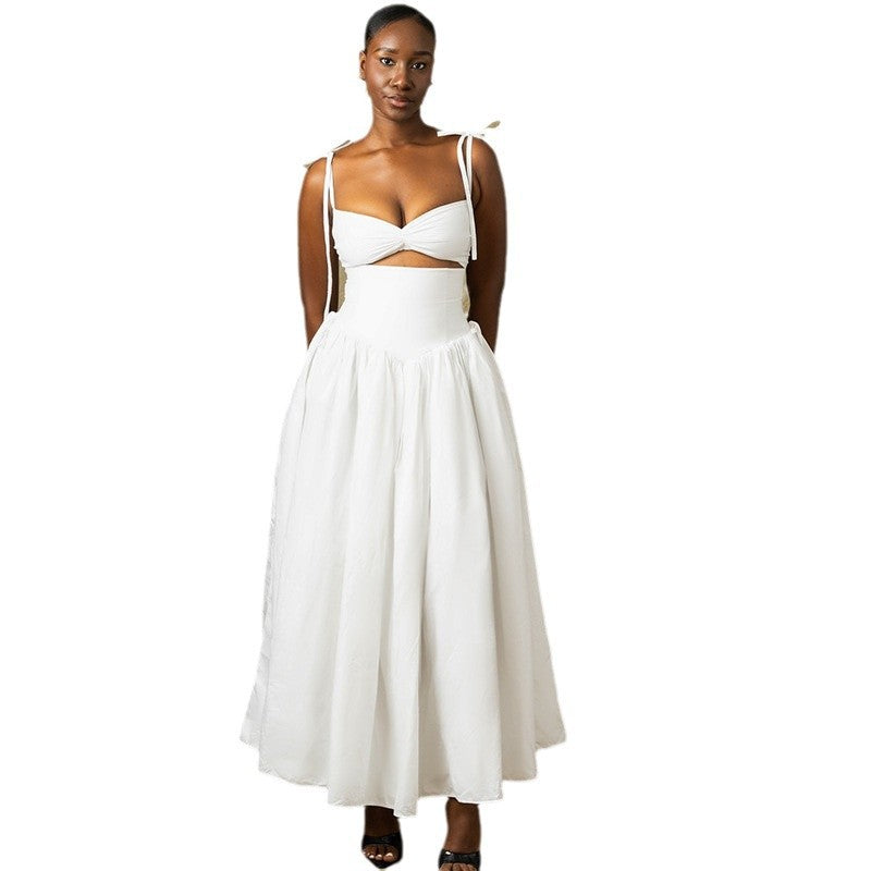 Fashion solid color dress strapless shoulder sleeveless big skirt dress