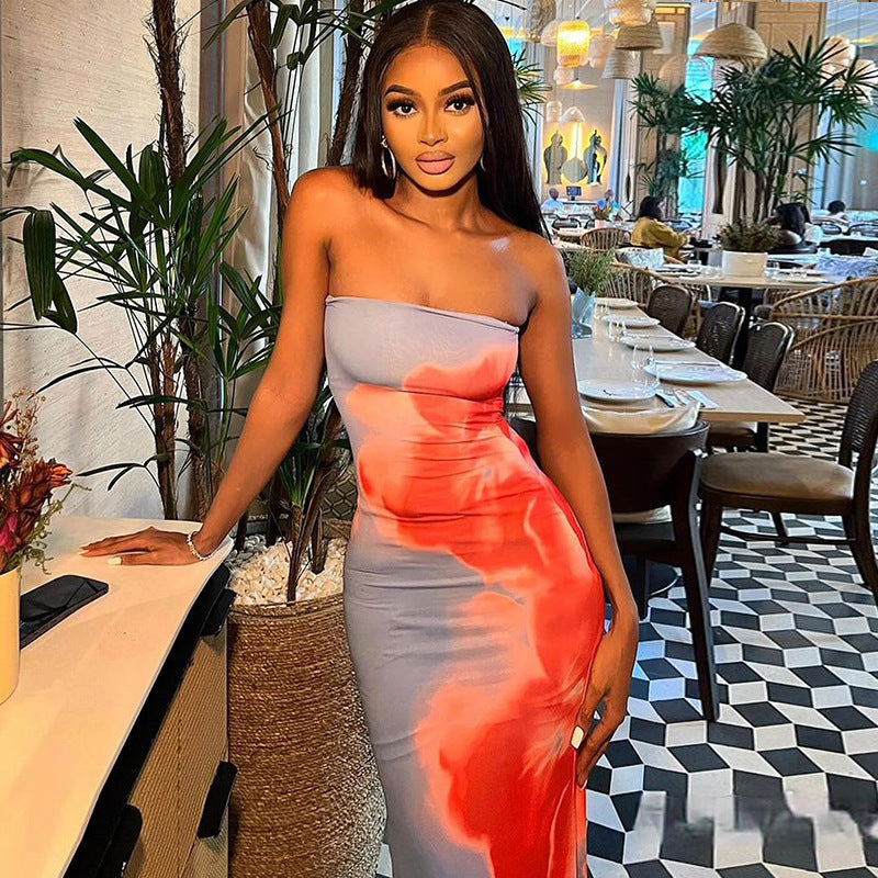 Women's Fashion Printed Dress Sexy One Shoulder Sleeveless One Step Dress