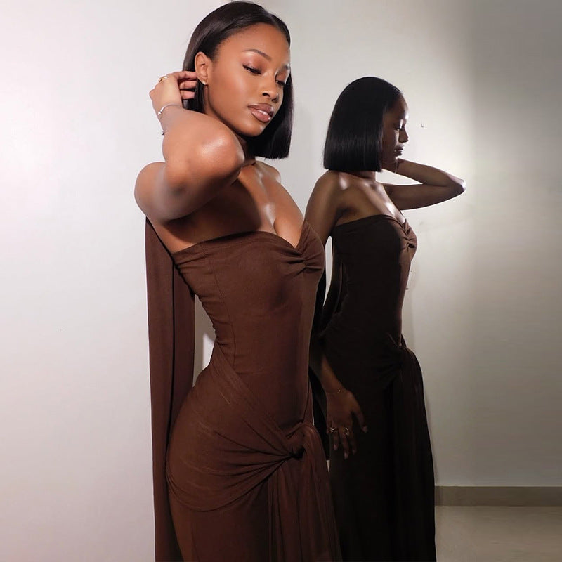 Elegant women's solid color pleated straps slim fishtail skirt one-shoulder neck tube top sexy dress