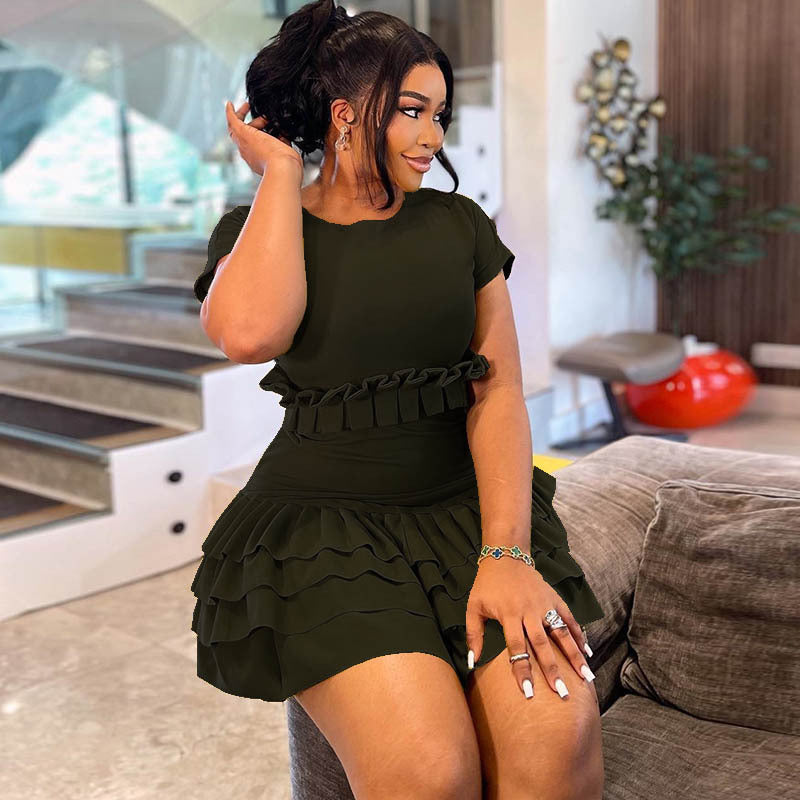 Fashion solid color tight sweet fresh pleated skirt short sleeve round neck short dress