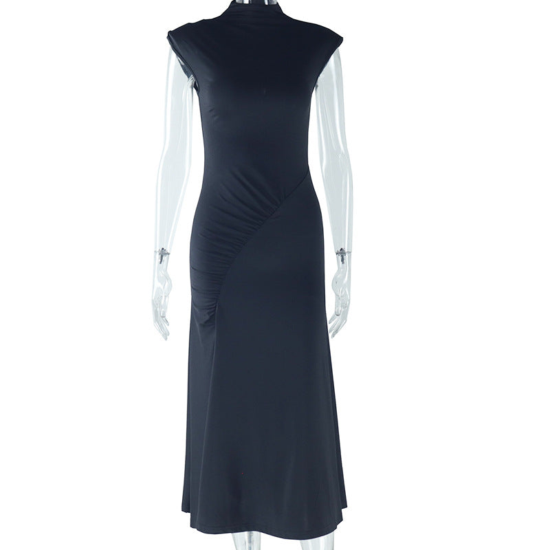 Women's solid color dress round neck pullover sleeveless casual temperament irregular skirt