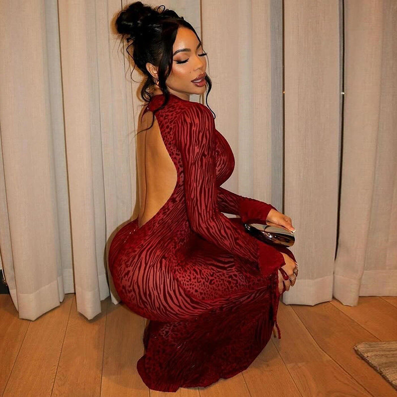 Women's sexy slim fit elegant hip skirt backless long sleeve high collar long dress