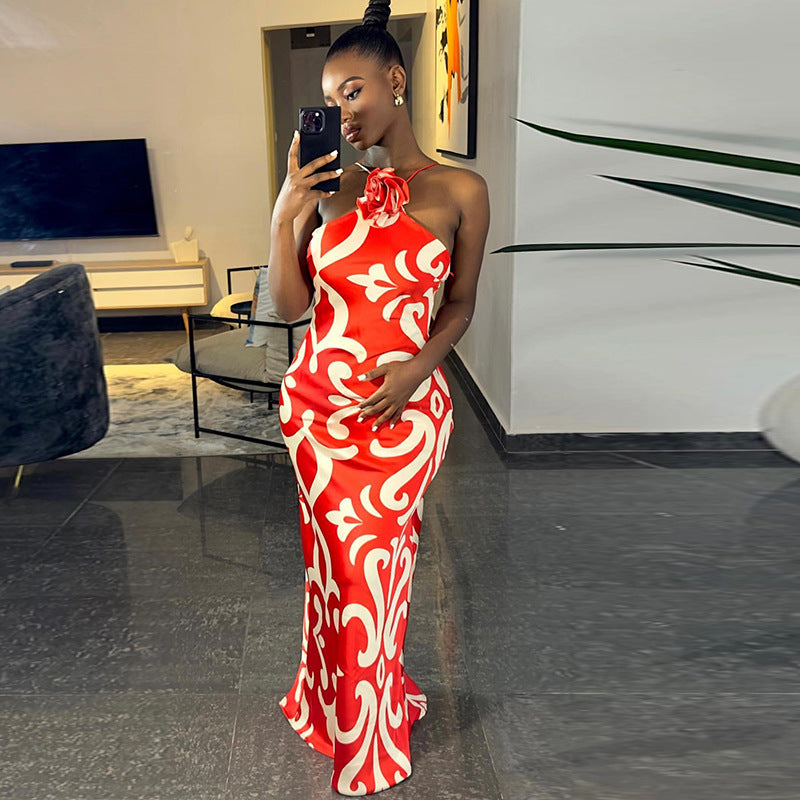 Fashion print sexy sleeveless halter neck three-dimensional flower decoration hip dress trendy women