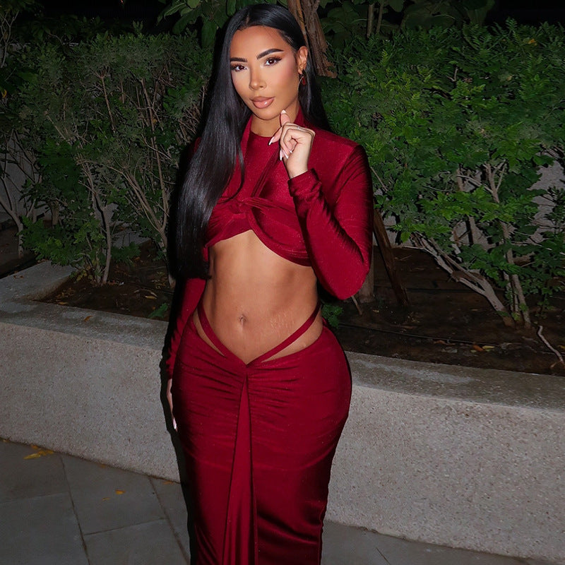 Women's solid color fashionable sexy skirt suit long sleeve long skirt round neck slim fit two-piece suit