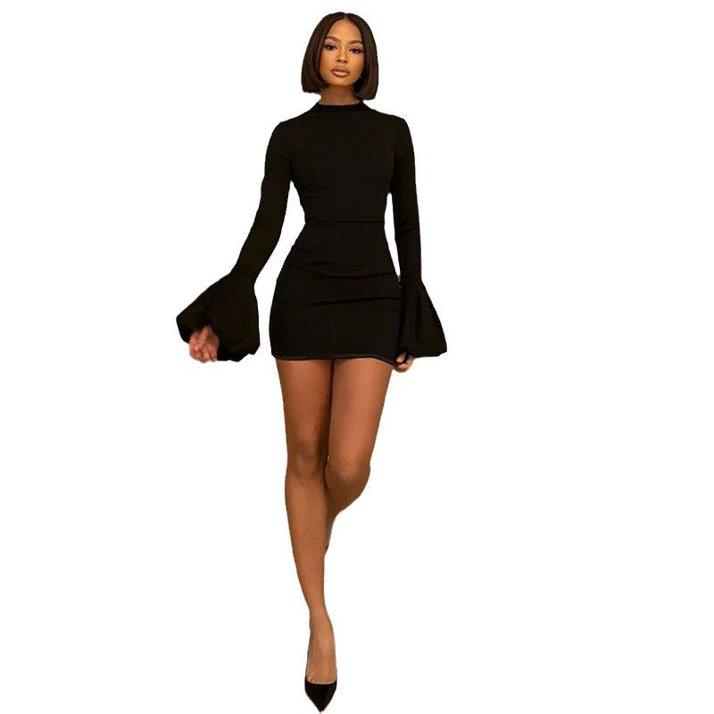 Tight short dress round neck long sleeves long sleeves slim short hip pullover skirt