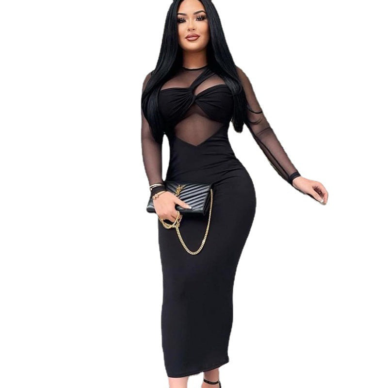 Ladies new round neck mesh stitching long sleeves mid-length tight dress