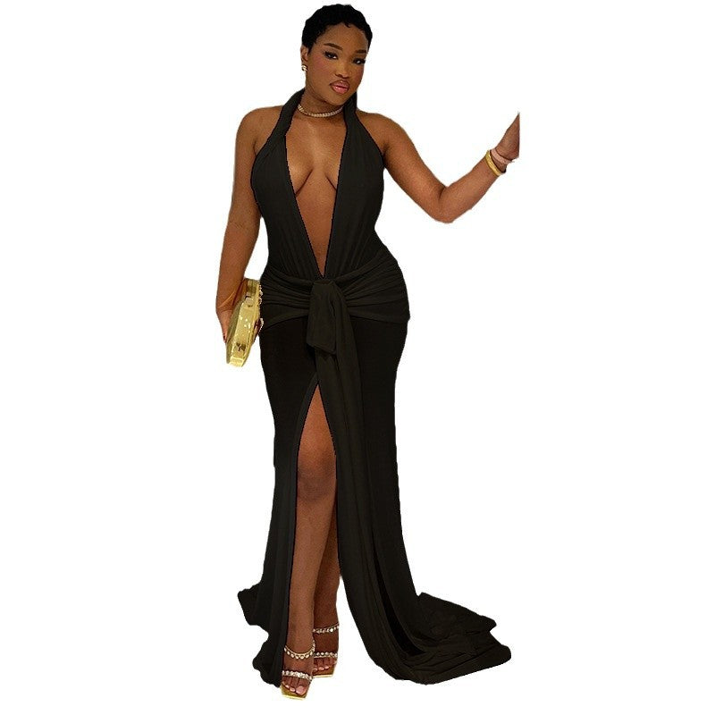 Women's solid color sexy sleeveless halter neck lace-up backless slit temperament long skirt