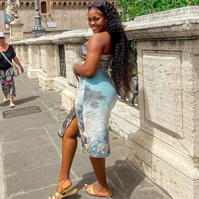 Fashion character print sexy backless wrap chest slit skirt hip skirt two piece suit for women