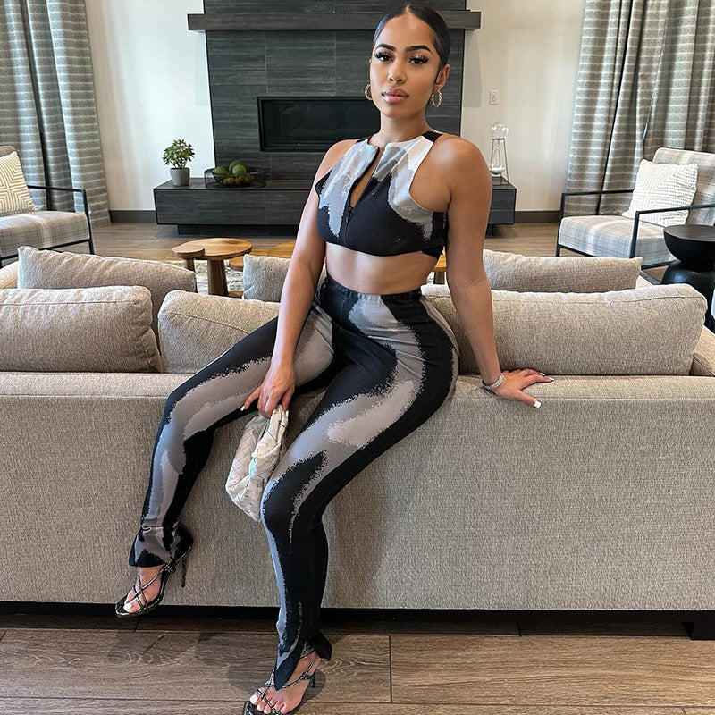 Women's Fashion Printed Fitness Suit Top Zippered Vest Pants Set