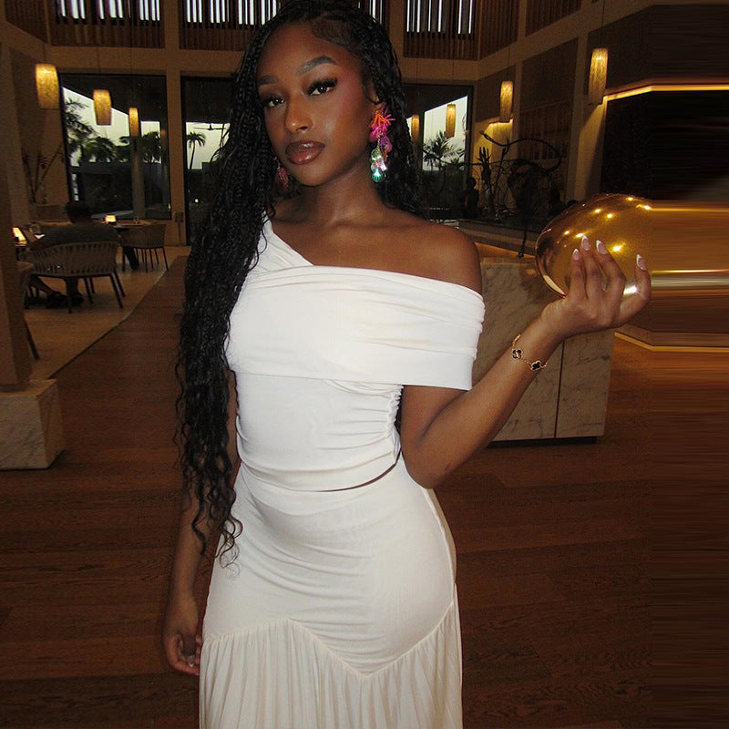 Women's solid color skirt suit sexy sleeveless one shoulder small vest pleated skirt