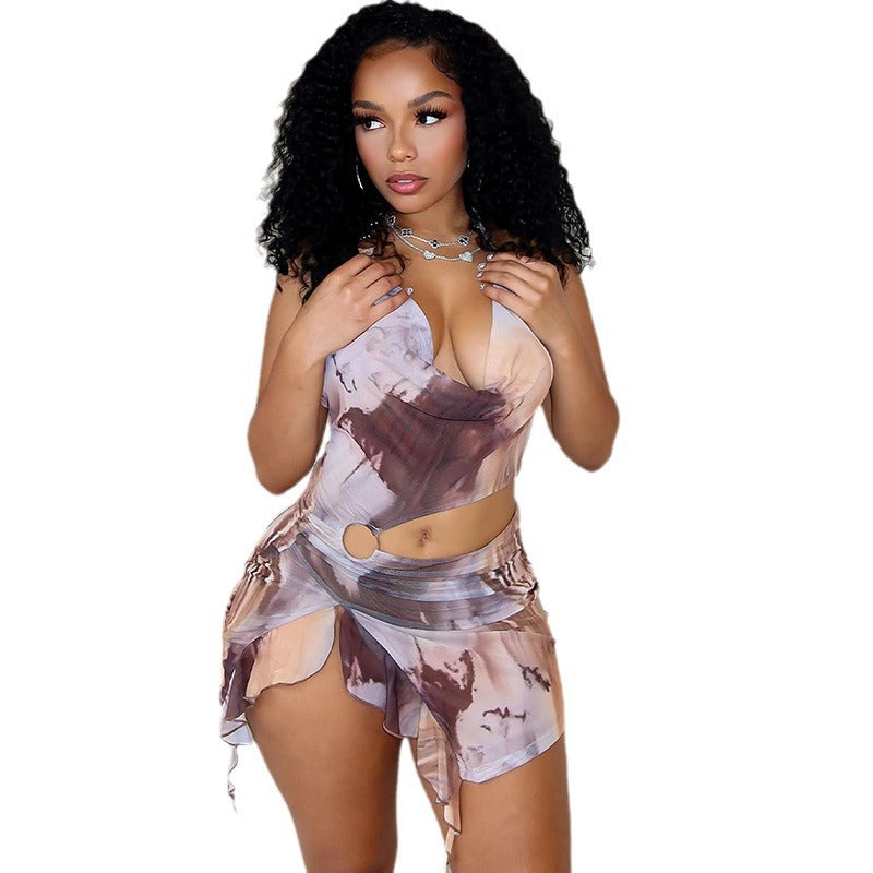 Women's Fashion Printed Dress Sexy Halter Neck Tie-neck Swinging Neck Backless Slit Skirt