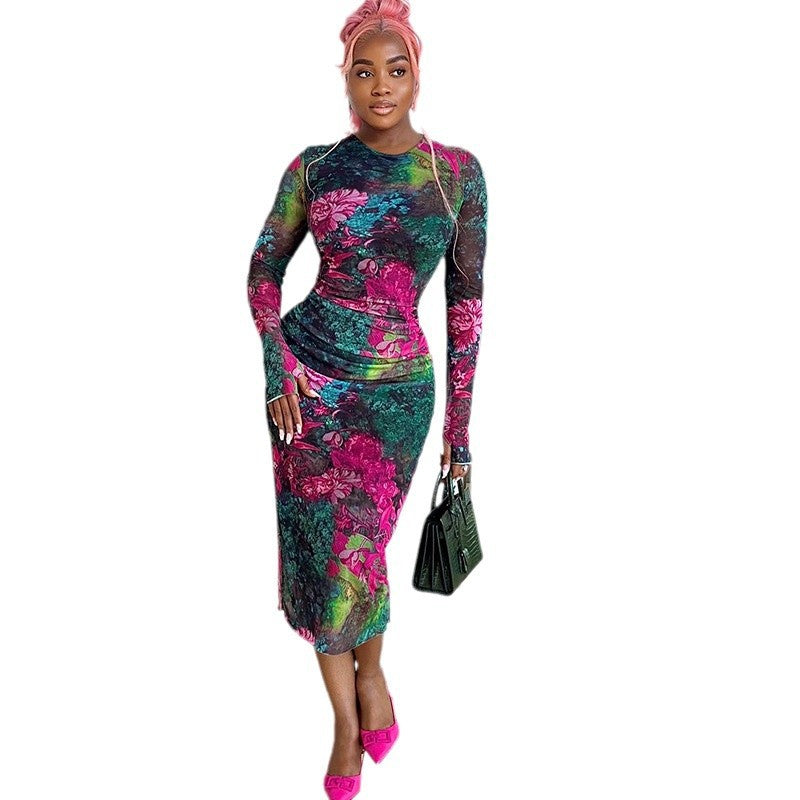 Fashion women's elegant printed hip-wrapped one-step skirt round neck long sleeve slim fit long dress