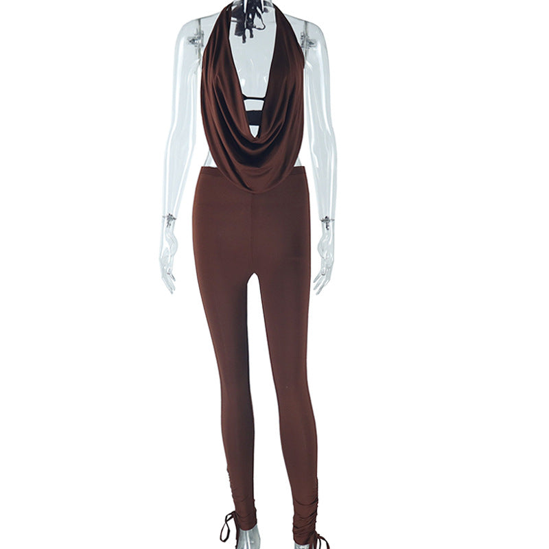 Women's solid color sexy sleeveless halter neck suit deep V neck trousers two piece suit