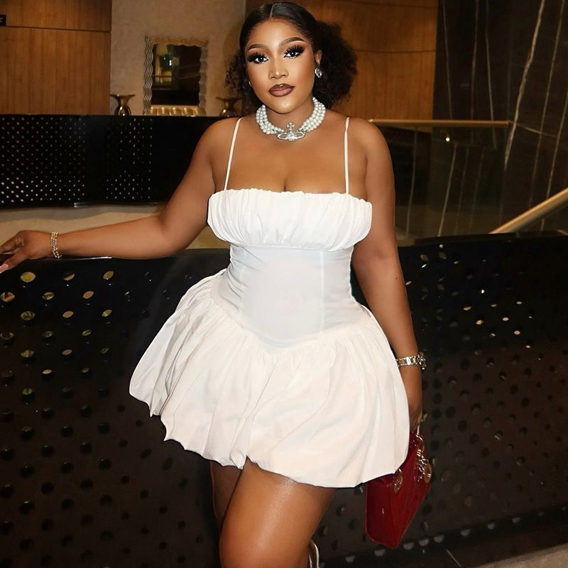 Fashion new style solid color sexy sleeveless short suspender flower bud skirt waist slimming dress