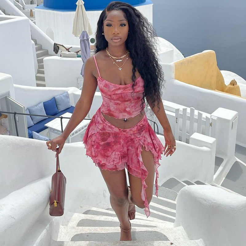 Fashion print sexy camisole vest slit skirt two piece suit trendy women