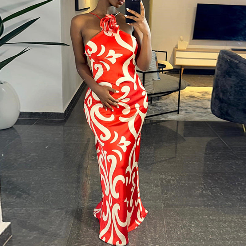 Fashion print sexy sleeveless halter neck three-dimensional flower decoration hip dress trendy women
