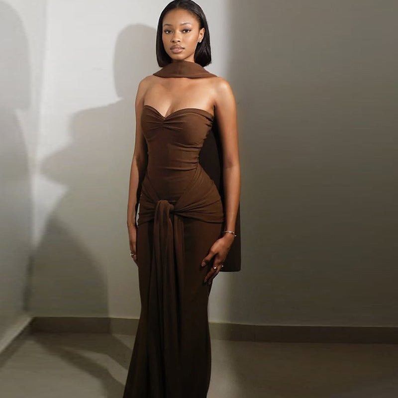 Elegant women's solid color pleated straps slim fishtail skirt one-shoulder neck tube top sexy dress