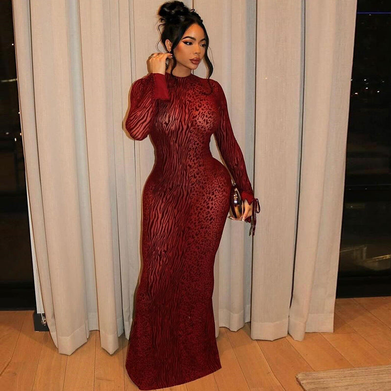 Women's sexy slim fit elegant hip skirt backless long sleeve high collar long dress
