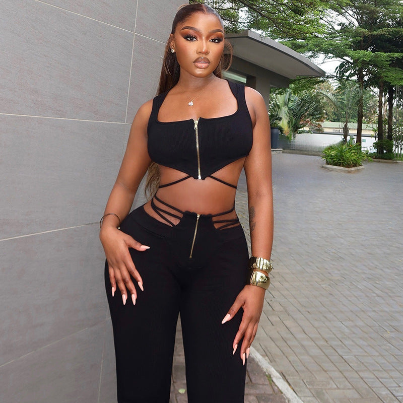 New style women's sexy black sleeveless top high waist strap tight sports pants suit