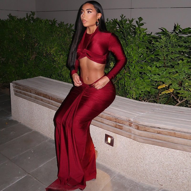 Women's solid color fashionable sexy skirt suit long sleeve long skirt round neck slim fit two-piece suit