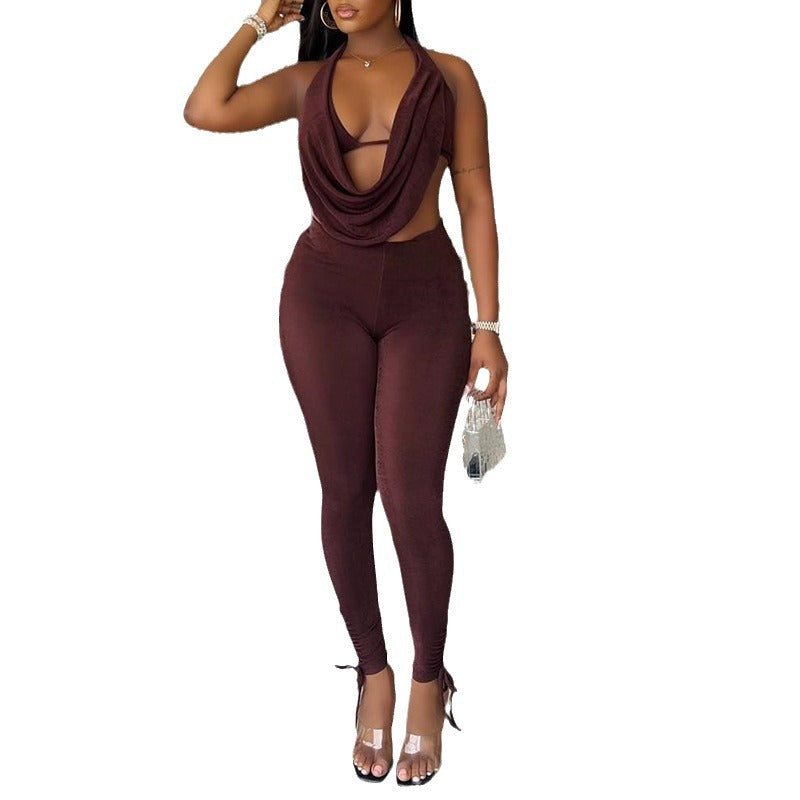 Women's solid color sexy sleeveless halter neck suit deep V neck trousers two piece suit