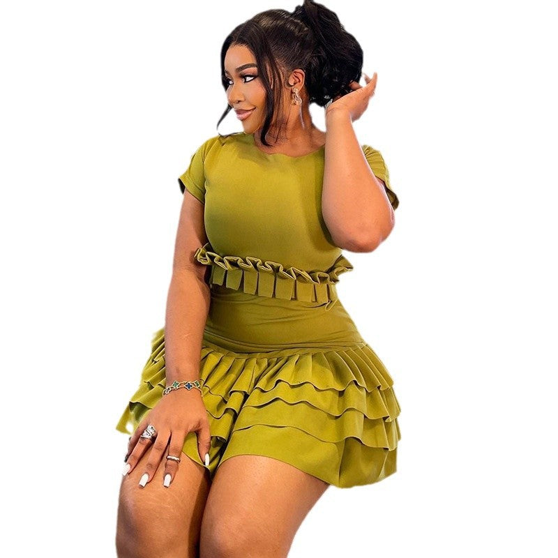 Fashion solid color tight sweet fresh pleated skirt short sleeve round neck short dress