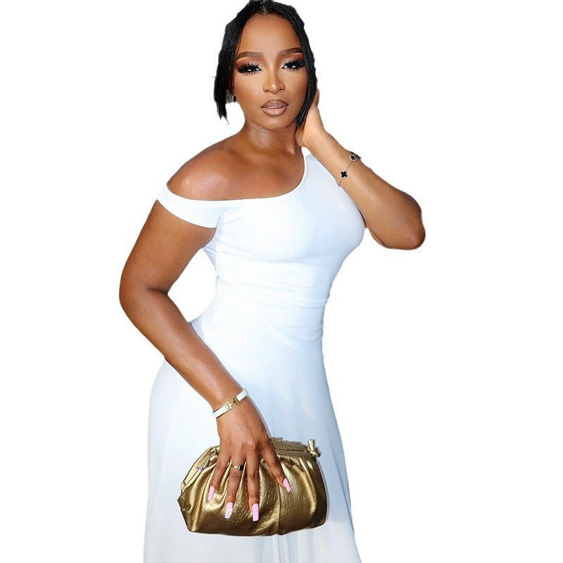 Women's Fashion Solid Color Dress Slant Neck One Shoulder Sleeveless Irregular Skirt