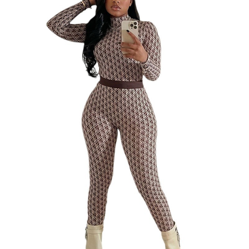 Women's Fashion Print Streetwear Round Neck Long Sleeve Trousers Bodysuit Fitness Jumpsuit Women