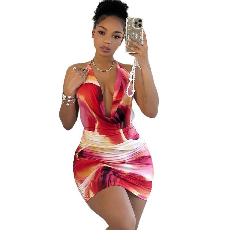 Women's Fashion Printed Dress Sexy Swing Neck Halter Lace-up Backpack Hip Skirt