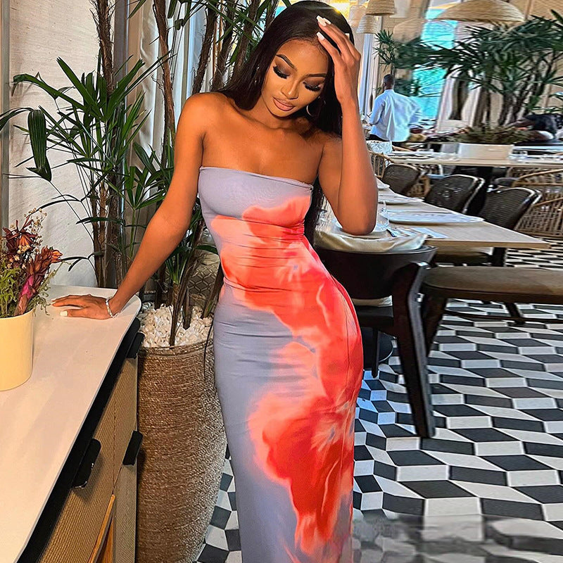 Women's Fashion Printed Dress Sexy One Shoulder Sleeveless One Step Dress
