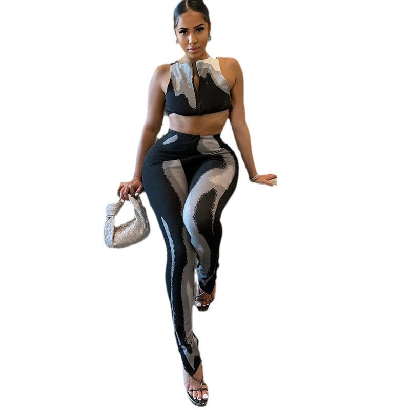Women's Fashion Printed Fitness Suit Top Zippered Vest Pants Set