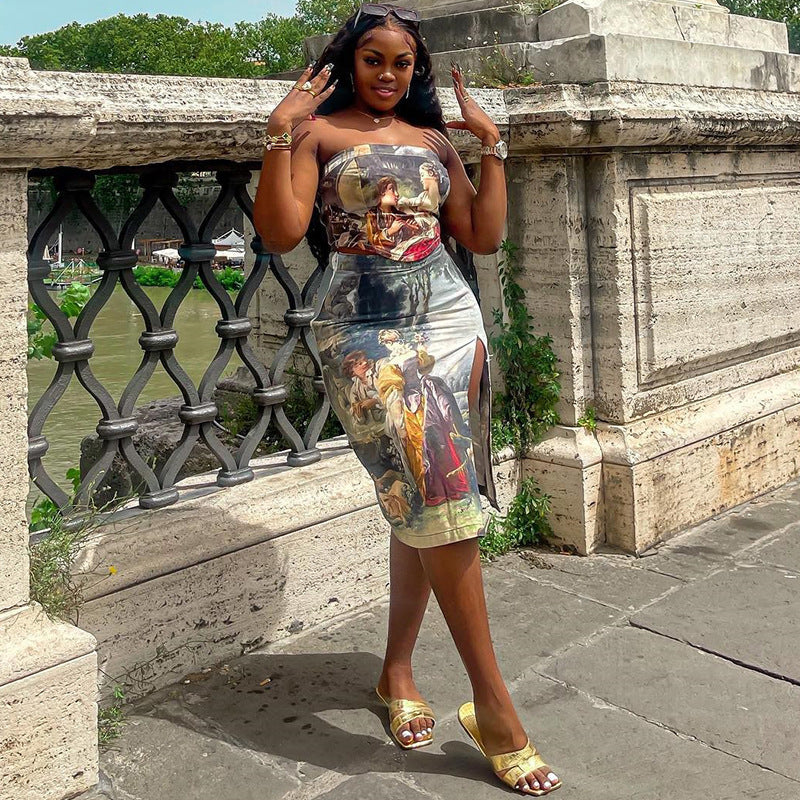 Fashion character print sexy backless wrap chest slit skirt hip skirt two piece suit for women