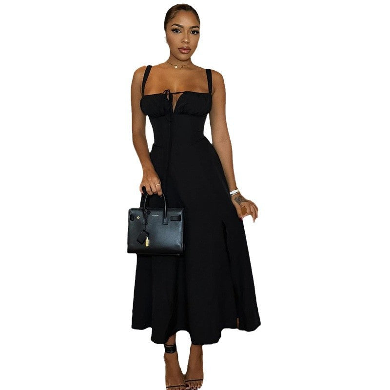 Midi Corset Flowy Slit Lace-Up Women's Outing Casual Dress
