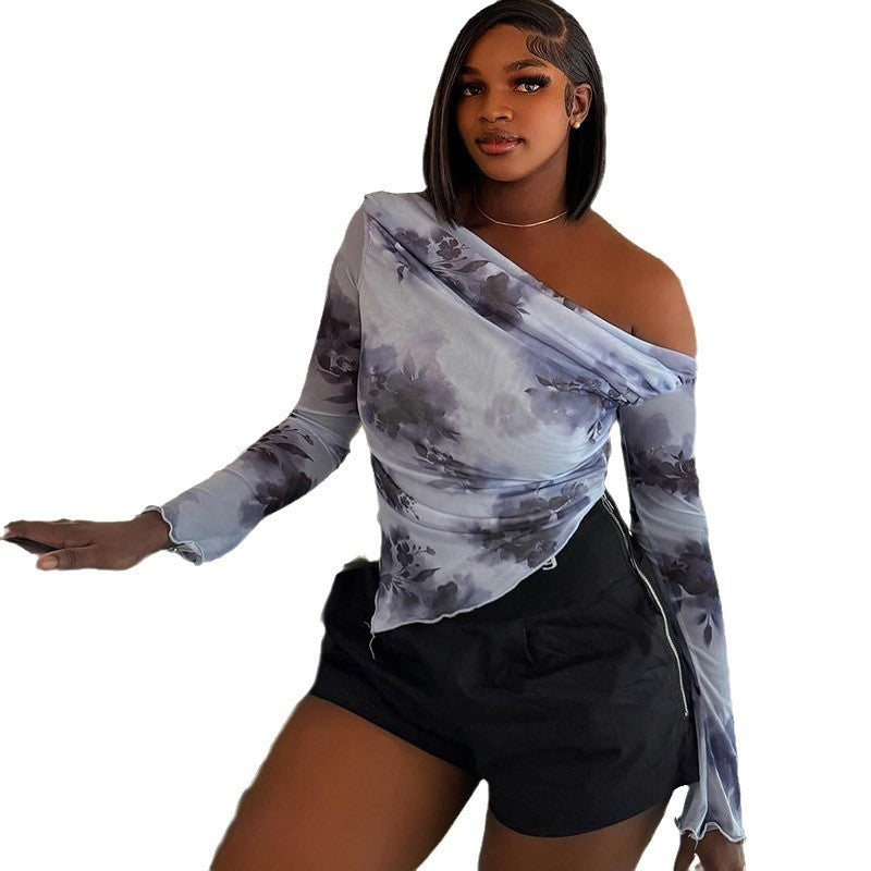Women's long-sleeved new T-shirt tie-dye print off-shoulder oblique collar irregular hem