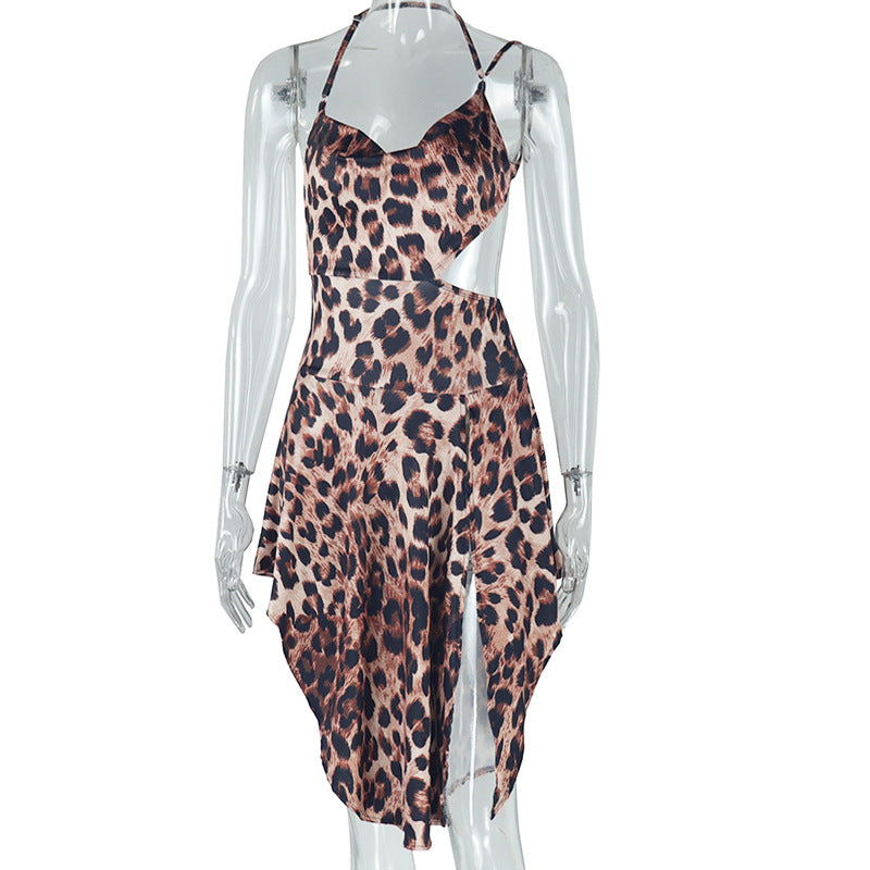 Fashion new tight dress irregular design leopard print suspender skirt pullover skirt