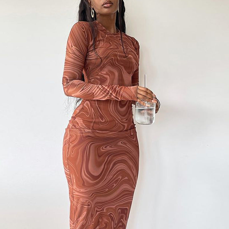 Wind tight mid-length dress round neck short sleeves long sleeves printed hip-wrapped pullover