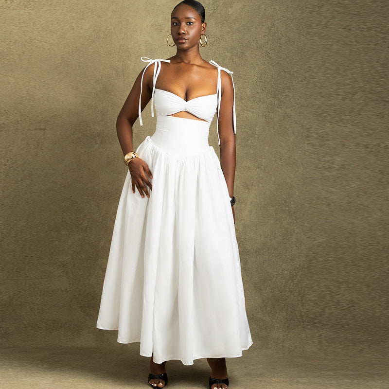 Fashion solid color dress strapless shoulder sleeveless big skirt dress