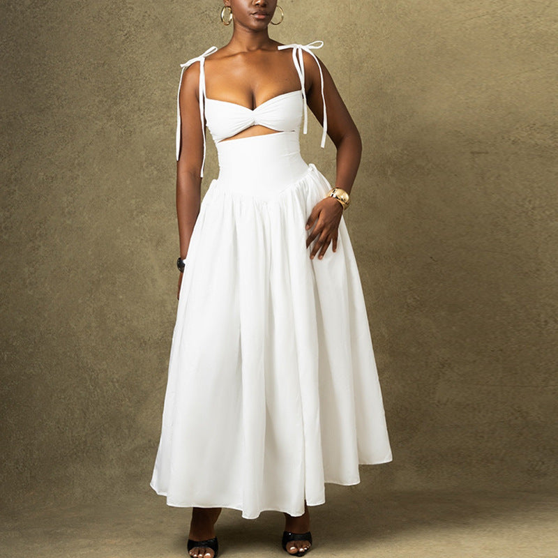Fashion solid color dress strapless shoulder sleeveless big skirt dress
