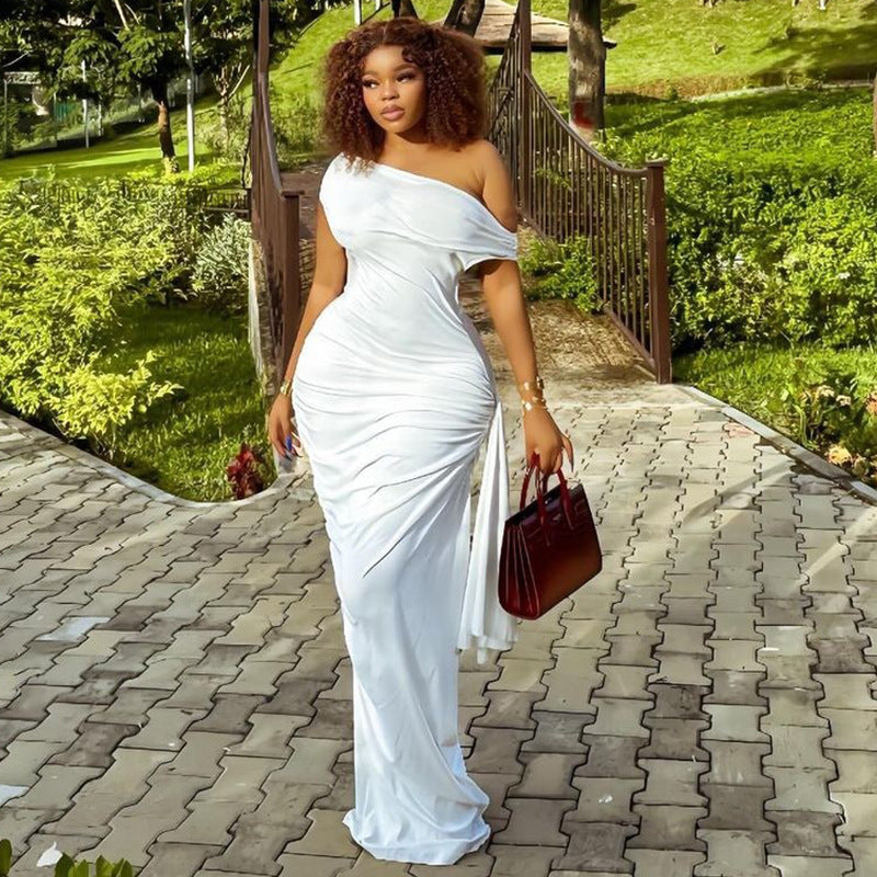 Ladies new solid color raglan sleeve dress oblique collar temperament leisure ribbon pullover skirt