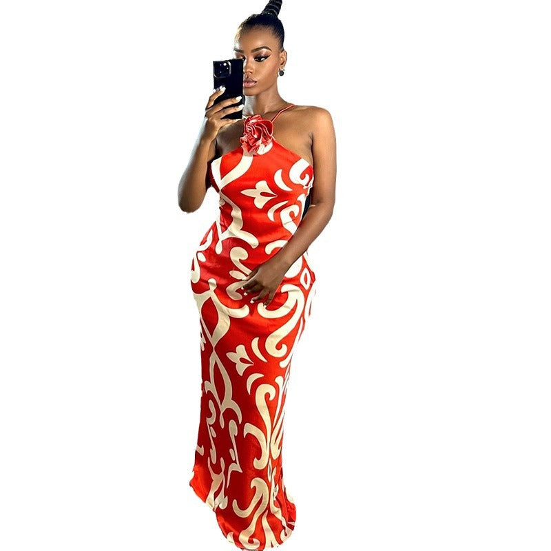 Fashion print sexy sleeveless halter neck three-dimensional flower decoration hip dress trendy women