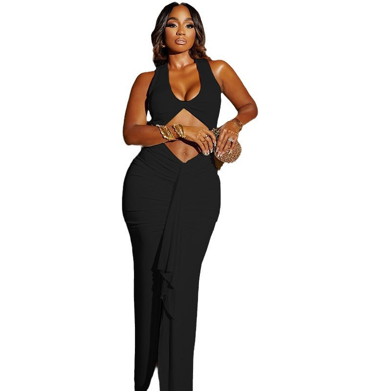 Women's solid color dress sexy suspenders hollow ribbon temperament casual skirt