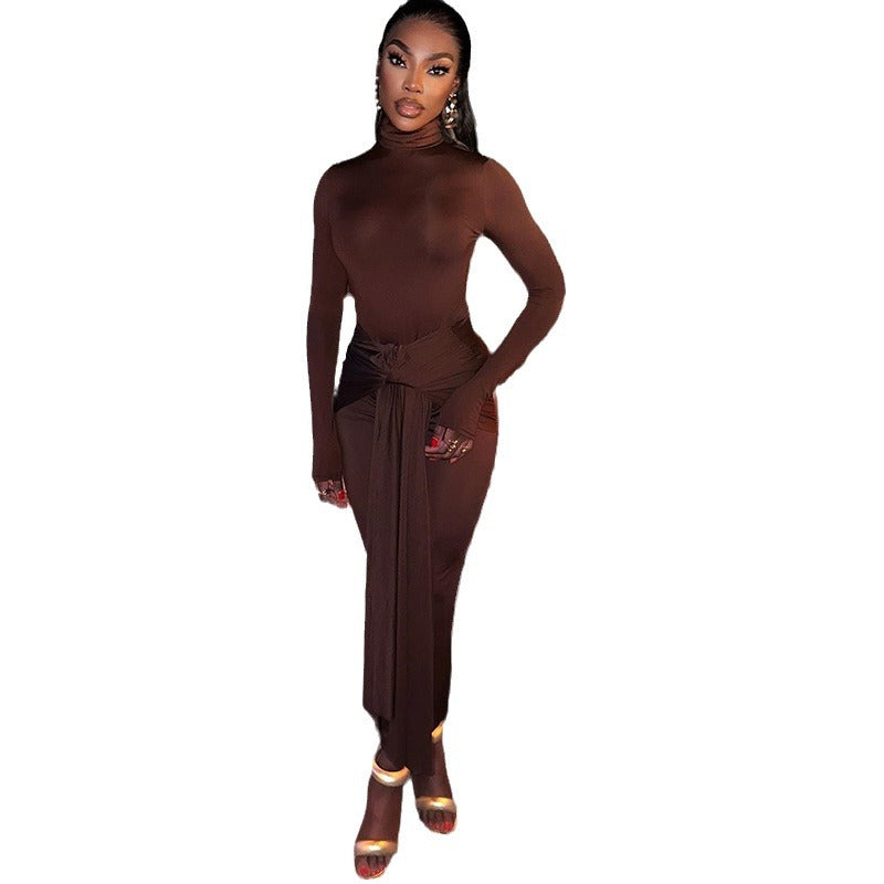 Women's solid color round neck long sleeve dress mid-waist tie ribbon temperament skirt