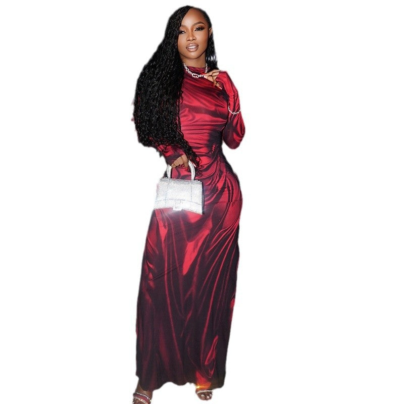 Fashionable and elegant tight skirt high collar long sleeve pleated slit long dress sweet solid color women's clothing