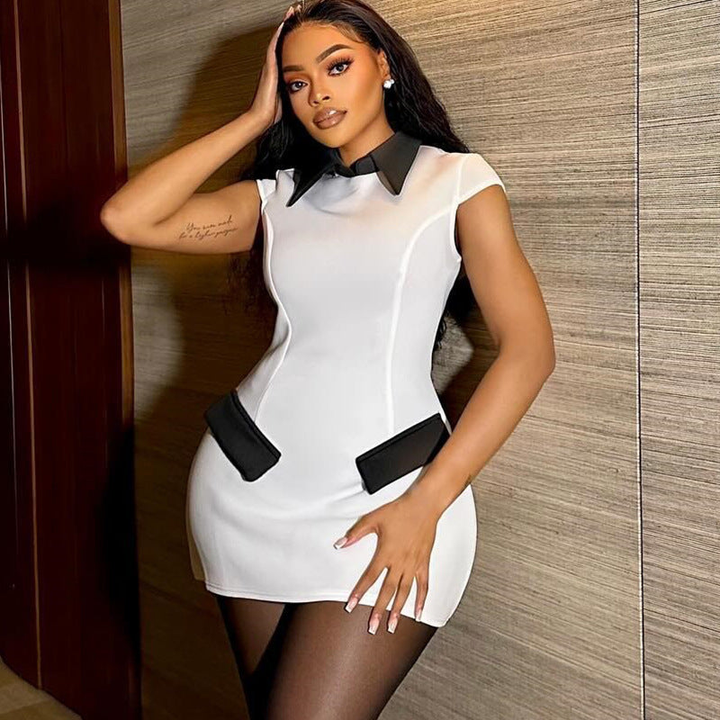 Women's solid color dress short sleeve lapel contrast color pocket contrast color hip-wrapped temperament skirt