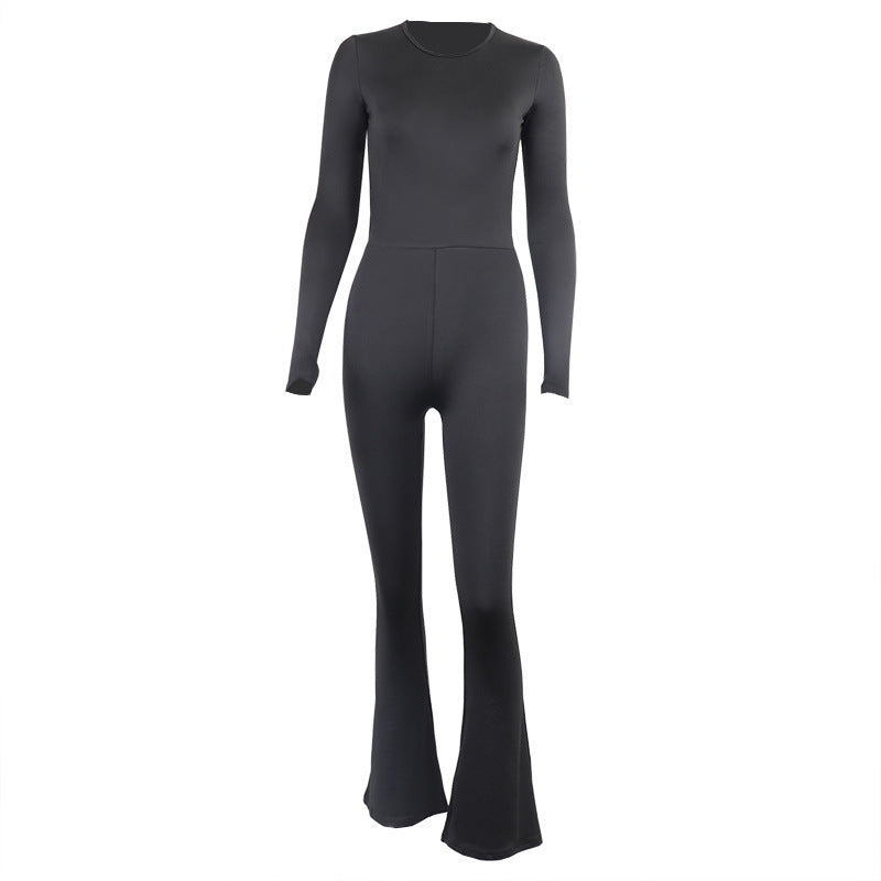 Round neck long sleeve jumpsuit slim fit backless outer wear bottoming one-piece pants hip lift high waist flared pants for women