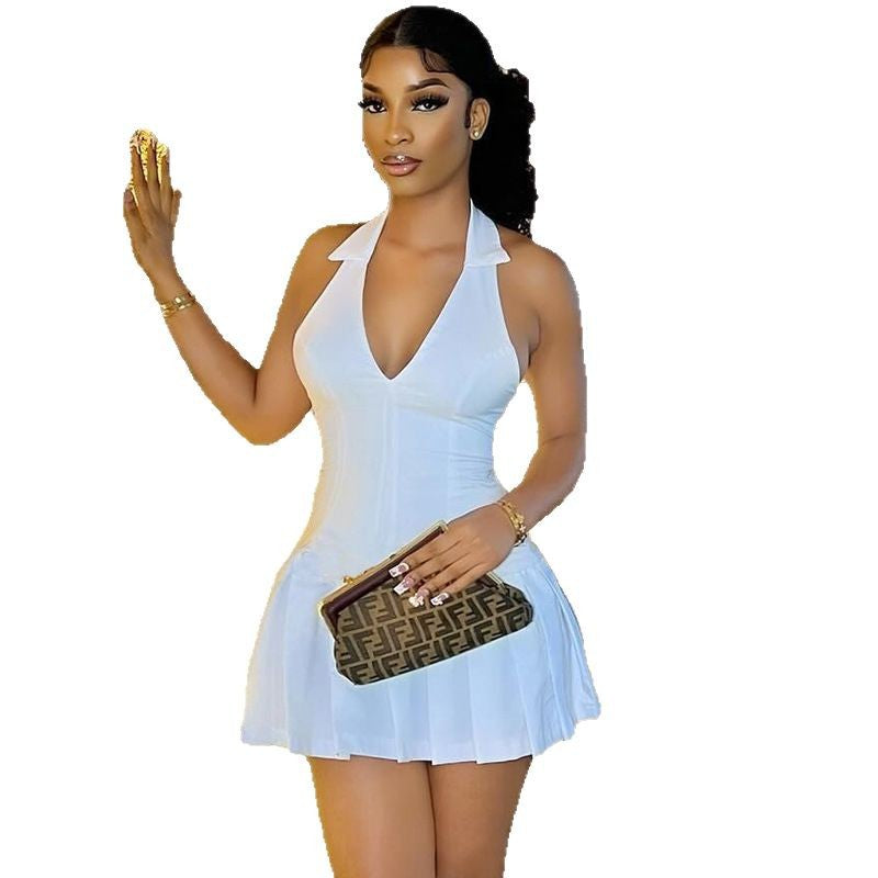 Fresh and sweet women's clothing solid color sexy halter neck A-line skirt backless temperament casual dress