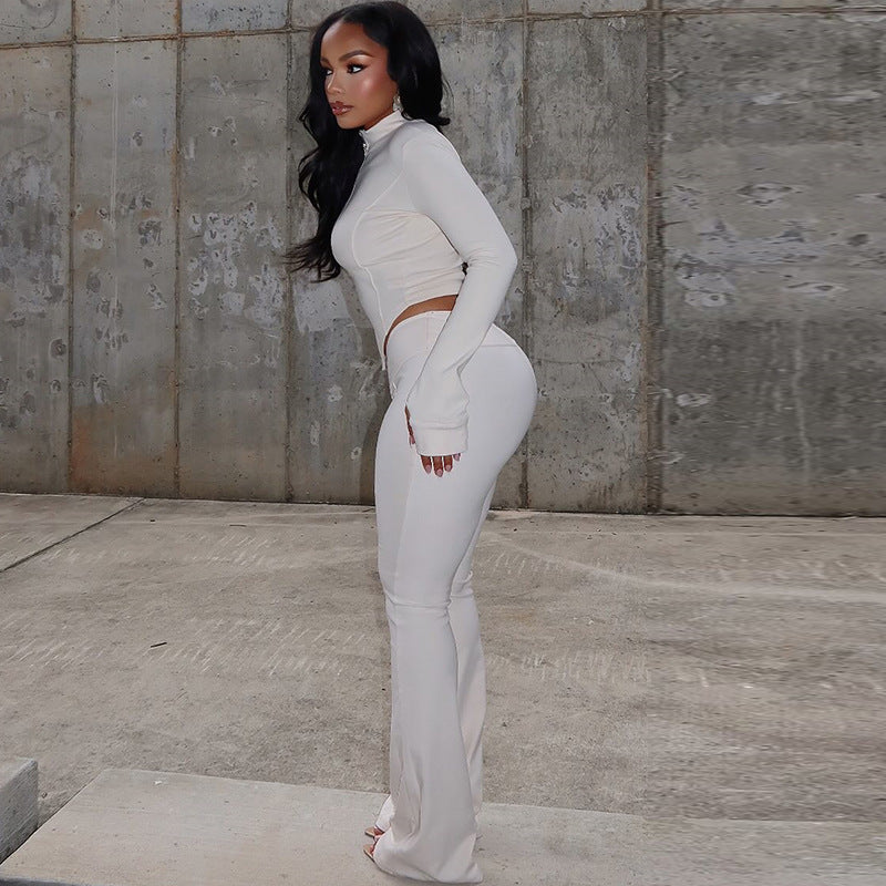 Women's slim fit pleated zipper solid color navel-baring pants suit long sleeve stand collar loose trousers two-piece suit