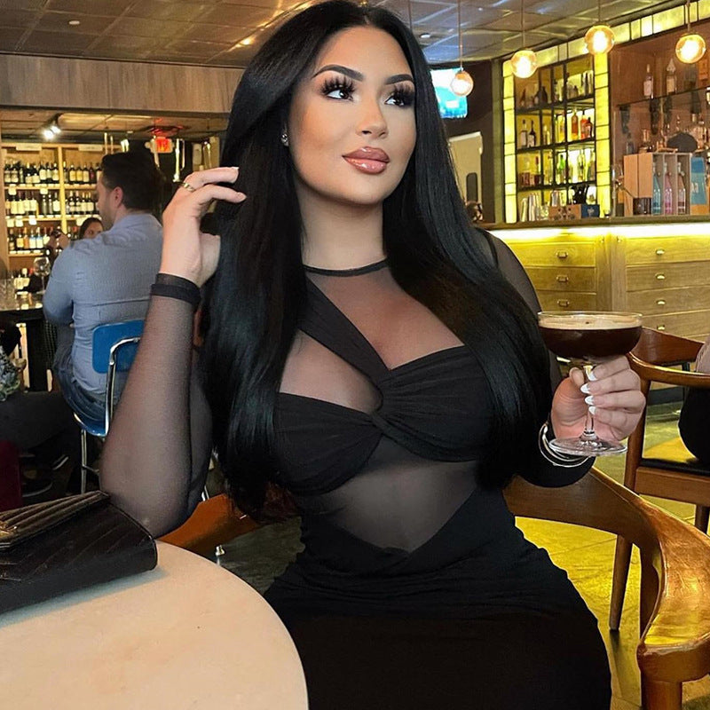Ladies new round neck mesh stitching long sleeves mid-length tight dress