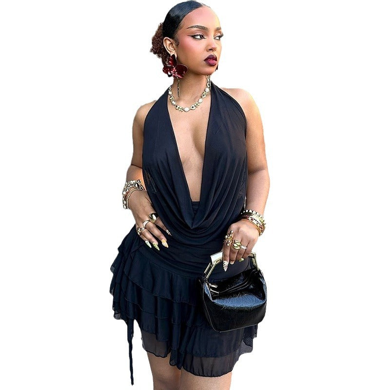 Women's solid color skirt suit sexy halter neck sleeveless bellyband mesh stitching skirt suit